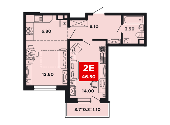 Планировка 2-комн 46,5 м²