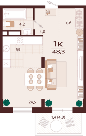 Планировка 1-комн 48,3 м²