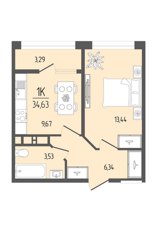 Планировка 1-комн 34,63 м²