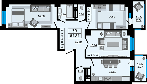 Планировка 3-комн 84,24 м²