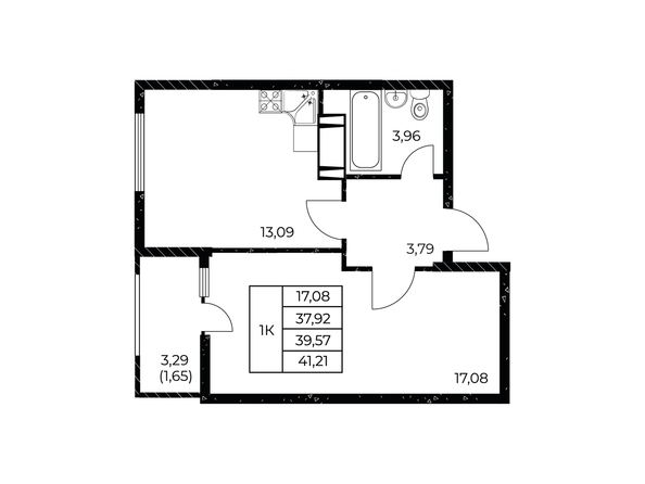 Планировка 1-комн 41,21 м²