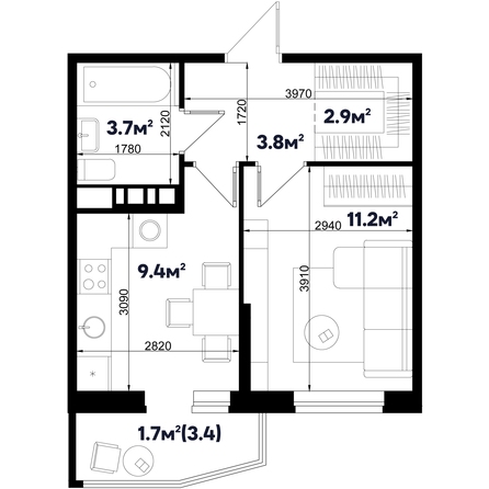 Планировка 1-комн 32,7 м²