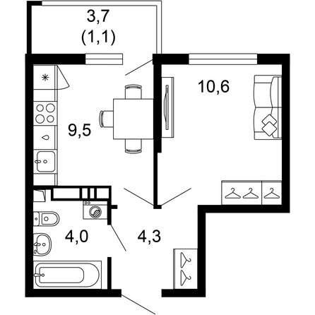 Планировка 1-комн 29,5 м²