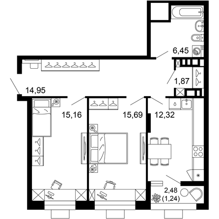 Планировка 2-комн 67,68 м²