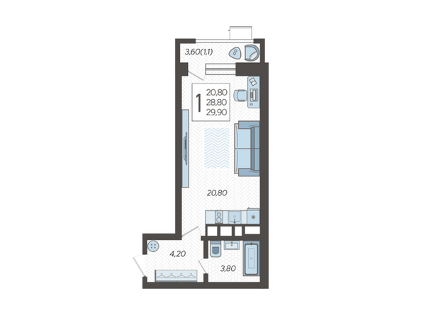Планировка 1-комн 29,9 м²