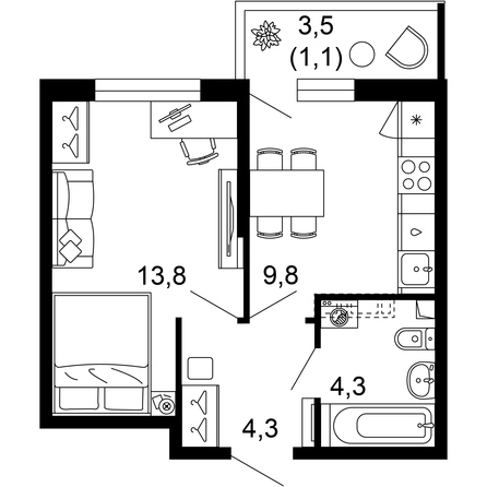 Планировка 1-комн 33,3 м²