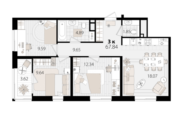 Планировка 3-комн 67,21 м²