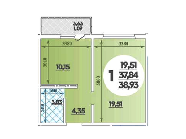 Планировка 1-комн 38,93, 39,69 м²