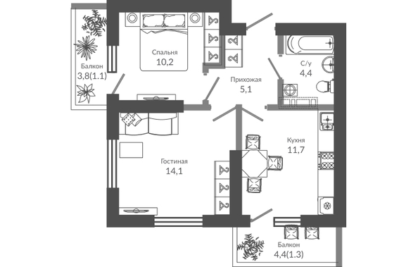 Планировка 2-комн 47,9 м²