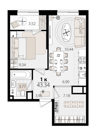 Планировка 1-комн 42,98 м²