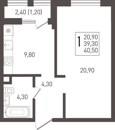 Планировка 1-комн 40,5, 40,6 м²