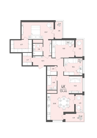Планировка 4-комн 124,46 м²