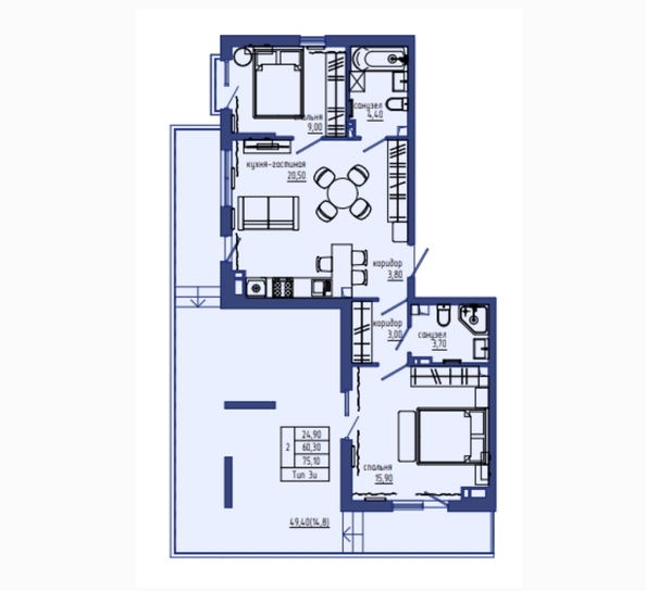 Планировка 3-комн 75,1 м²