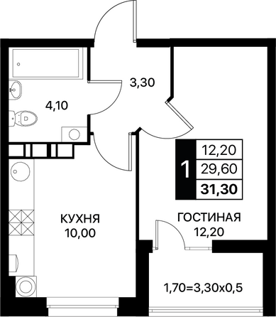 Планировка 1-комн 33,2, 33,5 м²