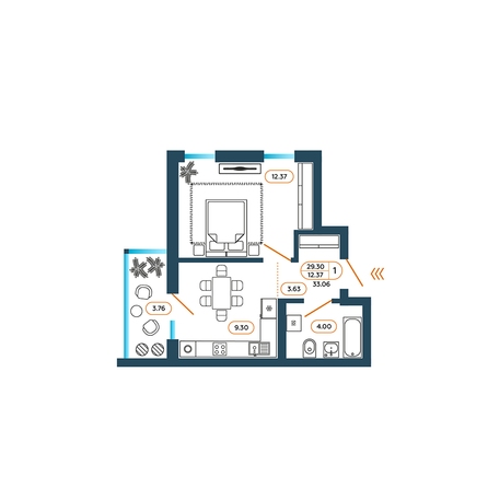 Планировка 1-комн 33,06 м²