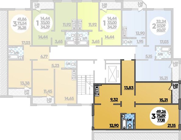 Планировка 3-комн 77,18 м²