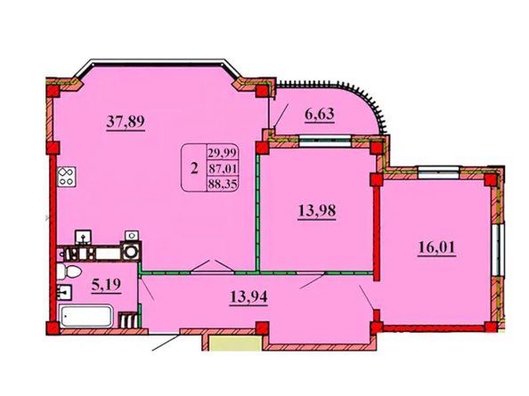 Планировка 2-комн 88,35 м²