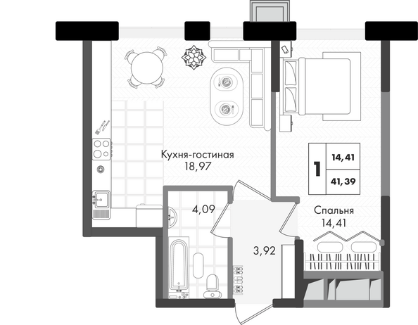 Планировка 1-комн 41,39 м²