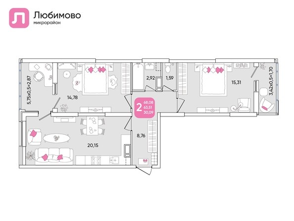 Планировка 2-комн 68,08, 68,14 м²