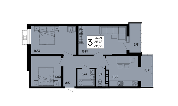 Планировка 3-комн 68,58 м²
