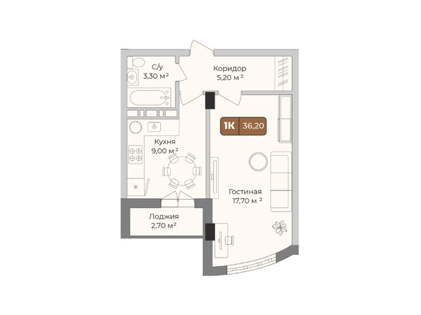 Планировка 1-комн 36,2 м²