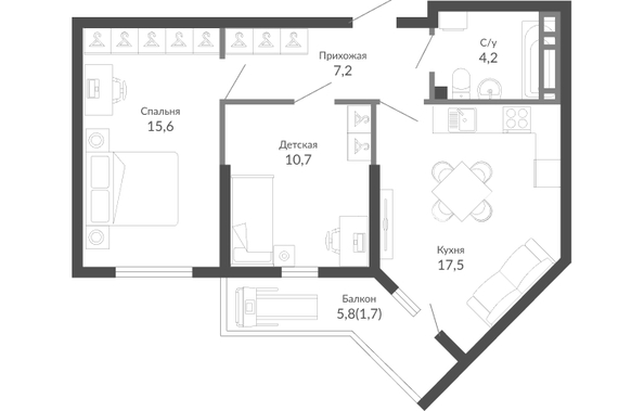 Планировка 2-комн 57 м²