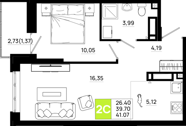 Планировка 1-комн 41,07 м²