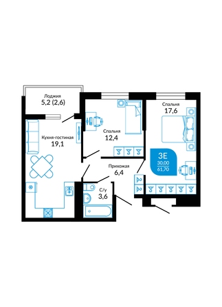 Планировка 2-комн 61,7, 61,8 м²