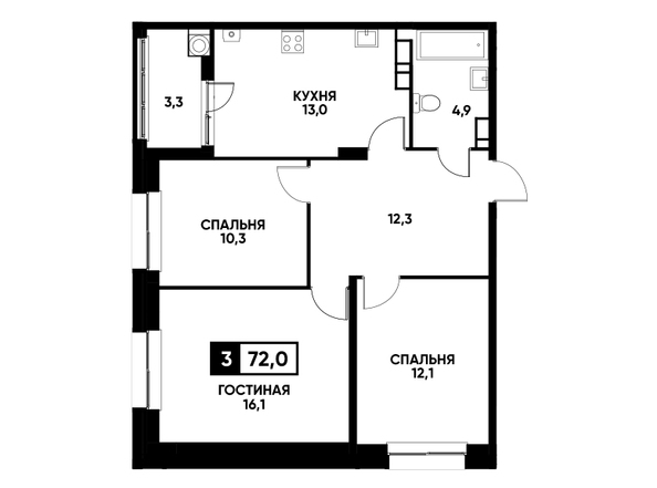 Планировка 3-комн 72 м²