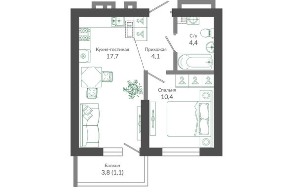 Планировка 1-комн 37,7 м²