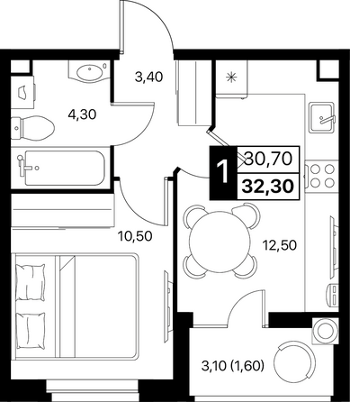 Планировка 1-комн 32,3 м²