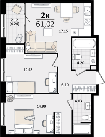 Планировка 2-комн 61,02 м²