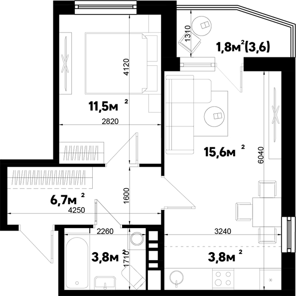 Планировка 2-комн 43,2 м²