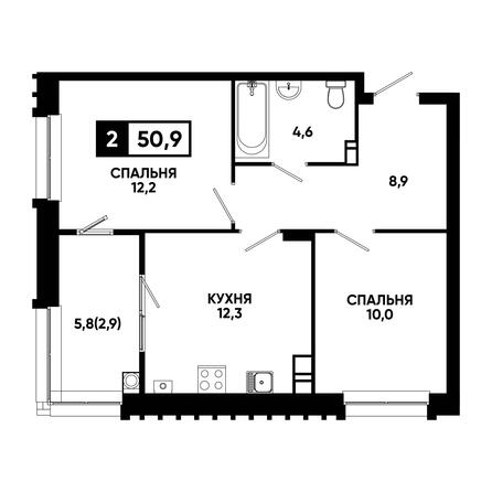 Планировка 2-комн 50,9, 51,4 м²
