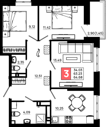 Планировка 3-комн 64,68 м²