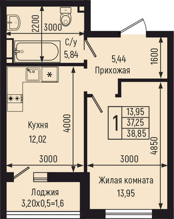 Планировка 1-комн 38,85 м²