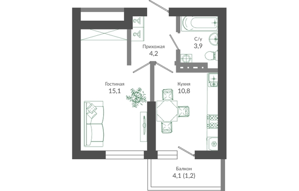 Планировка 1-комн 35,2 м²