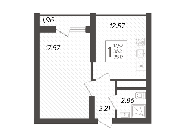 Планировка 1-комн 38,17 м²