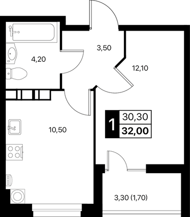 Планировка 1-комн 32 м²