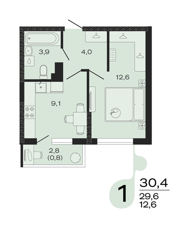 Планировка 1-комн 30,4 м²