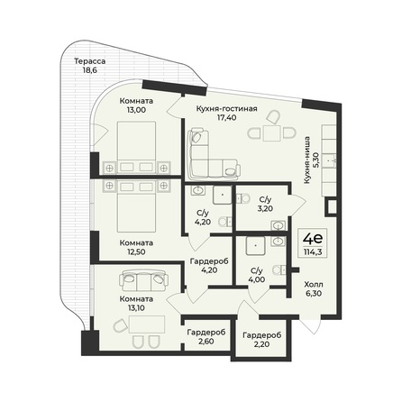 Планировка 4-комн 125 м²