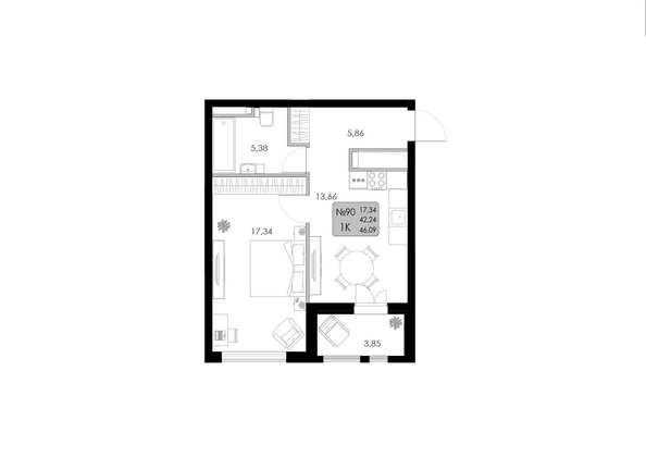 Планировка 1-комн 46,09 м²