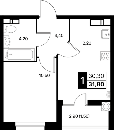 Планировка 1-комн 31,8 м²