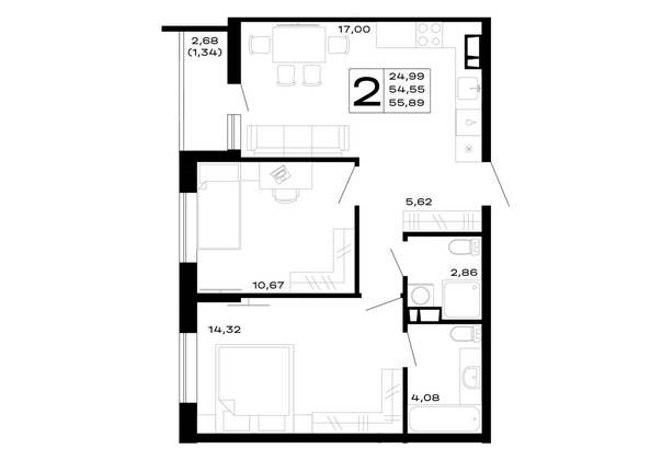 Планировка 2-комн 55,89 м²