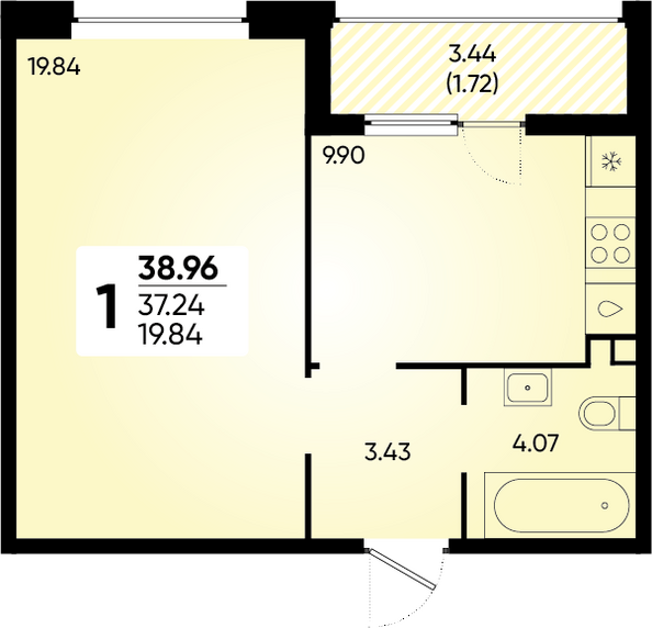 Планировка 1-комн 38,96 м²