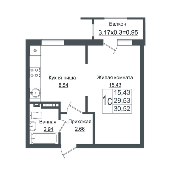 Планировка Студия 30,52 м²