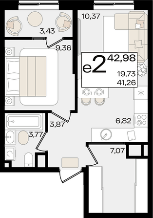 Планировка 2-комн 42,98 м²