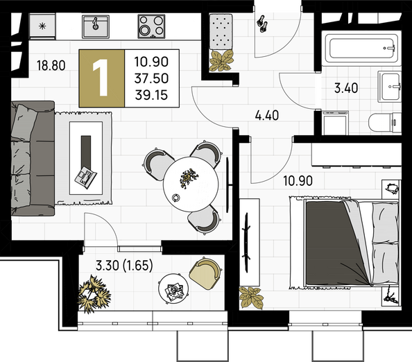 Планировка 1-комн 39,15 м²