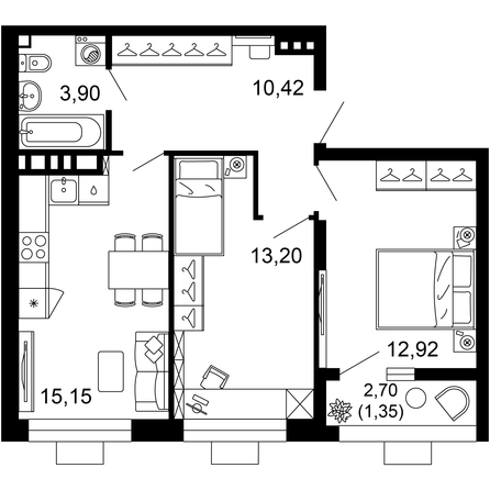 Планировка 2-комн 56,93 м²