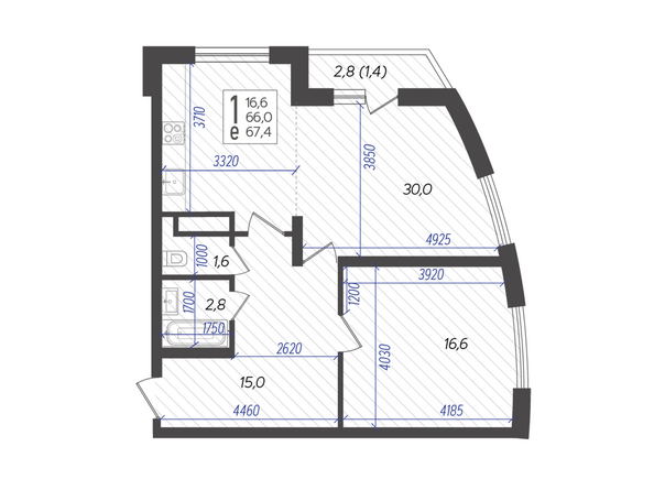 Планировка 1-комн 67,4 м²